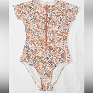 Cupshe Floral Zip Swimsuit in Orange and Cream Sz L short sleeve